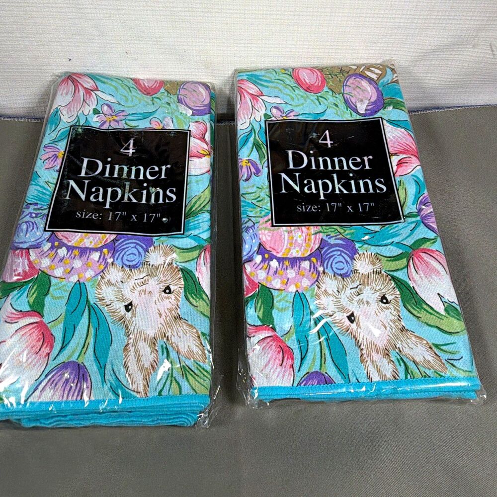 Bardwil Easter Bunny Floral Blue Cotton Dinner Napkins 2 Sets of 4 Washable